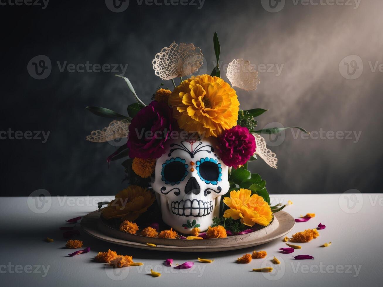 A sugar skull with flowers on top of a plate photo