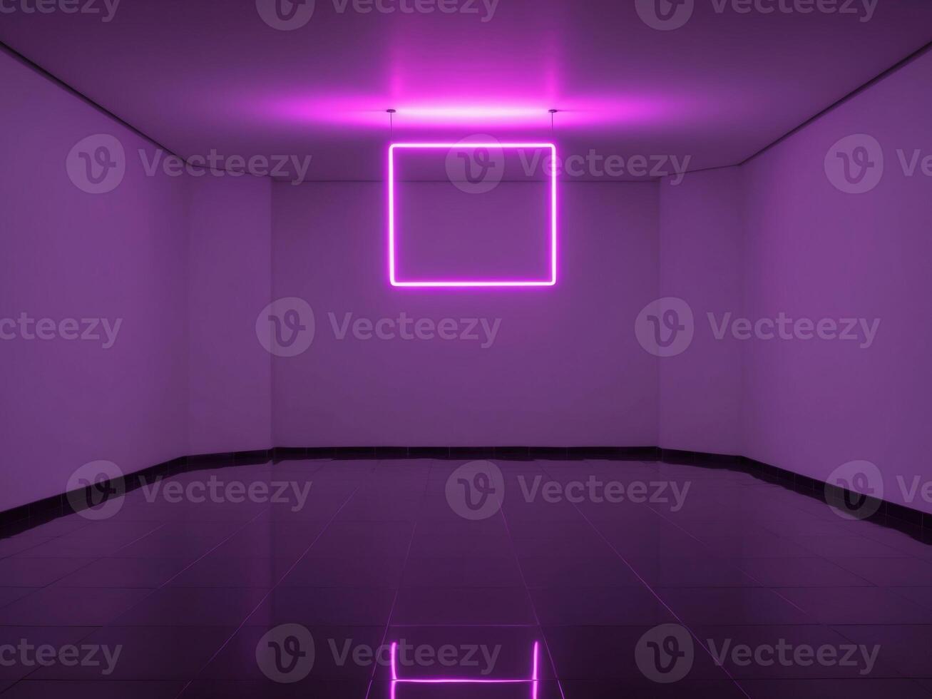 A purple neon light in a room with a square photo