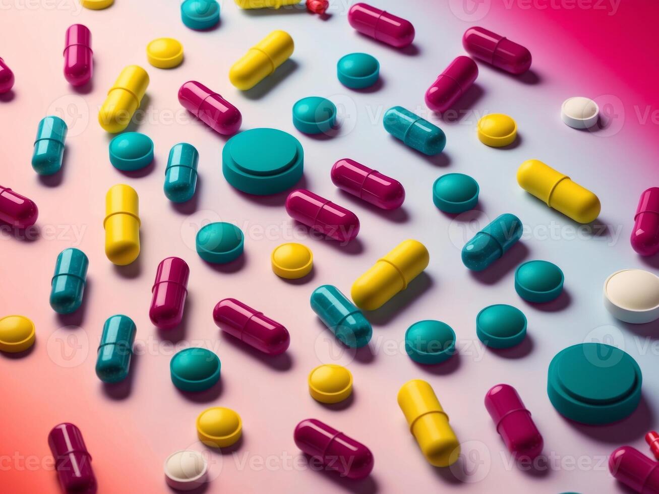 Colorful pills on a pink and blue background photo