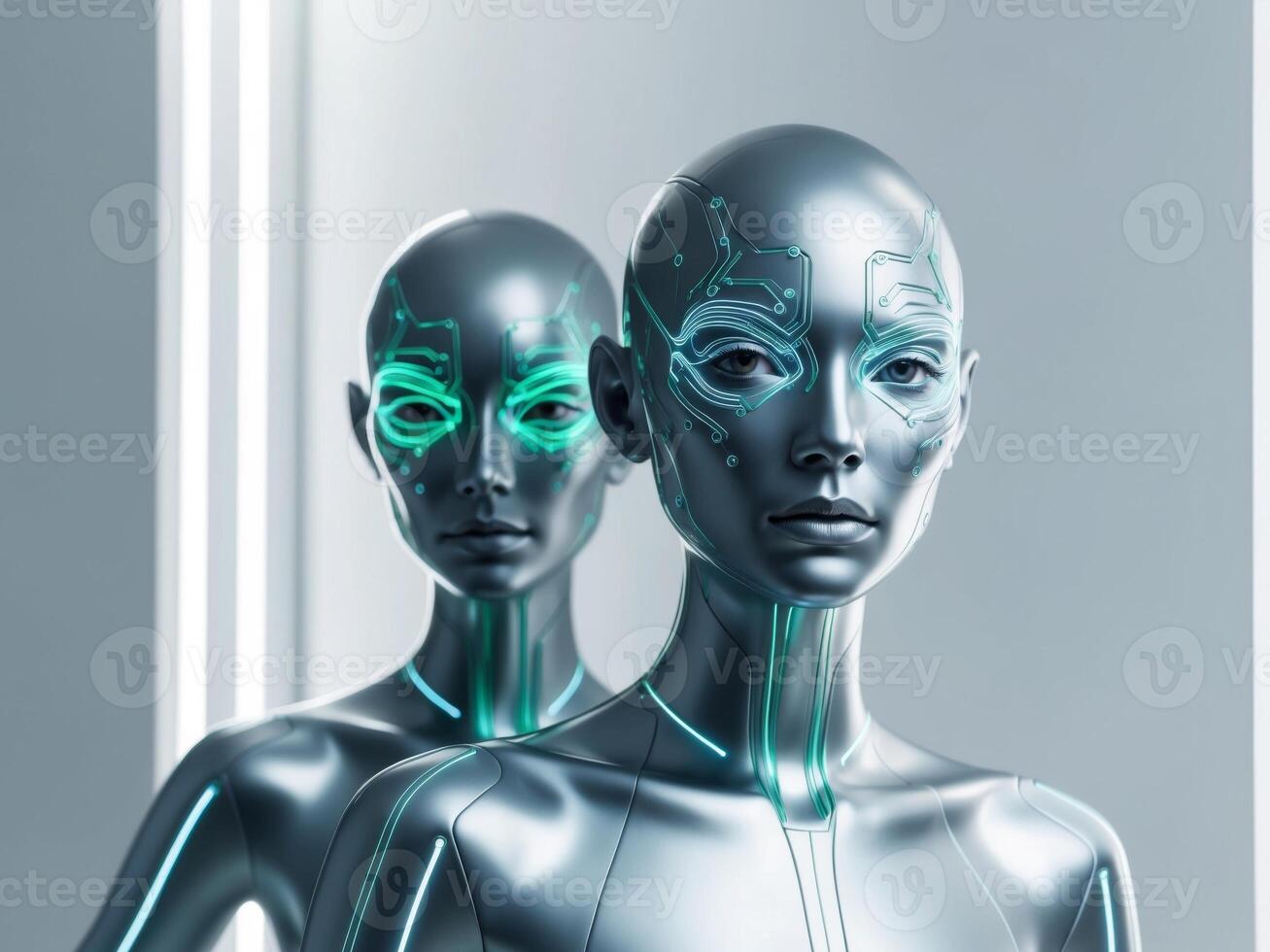 Two futuristic robots standing in front of a white wall photo