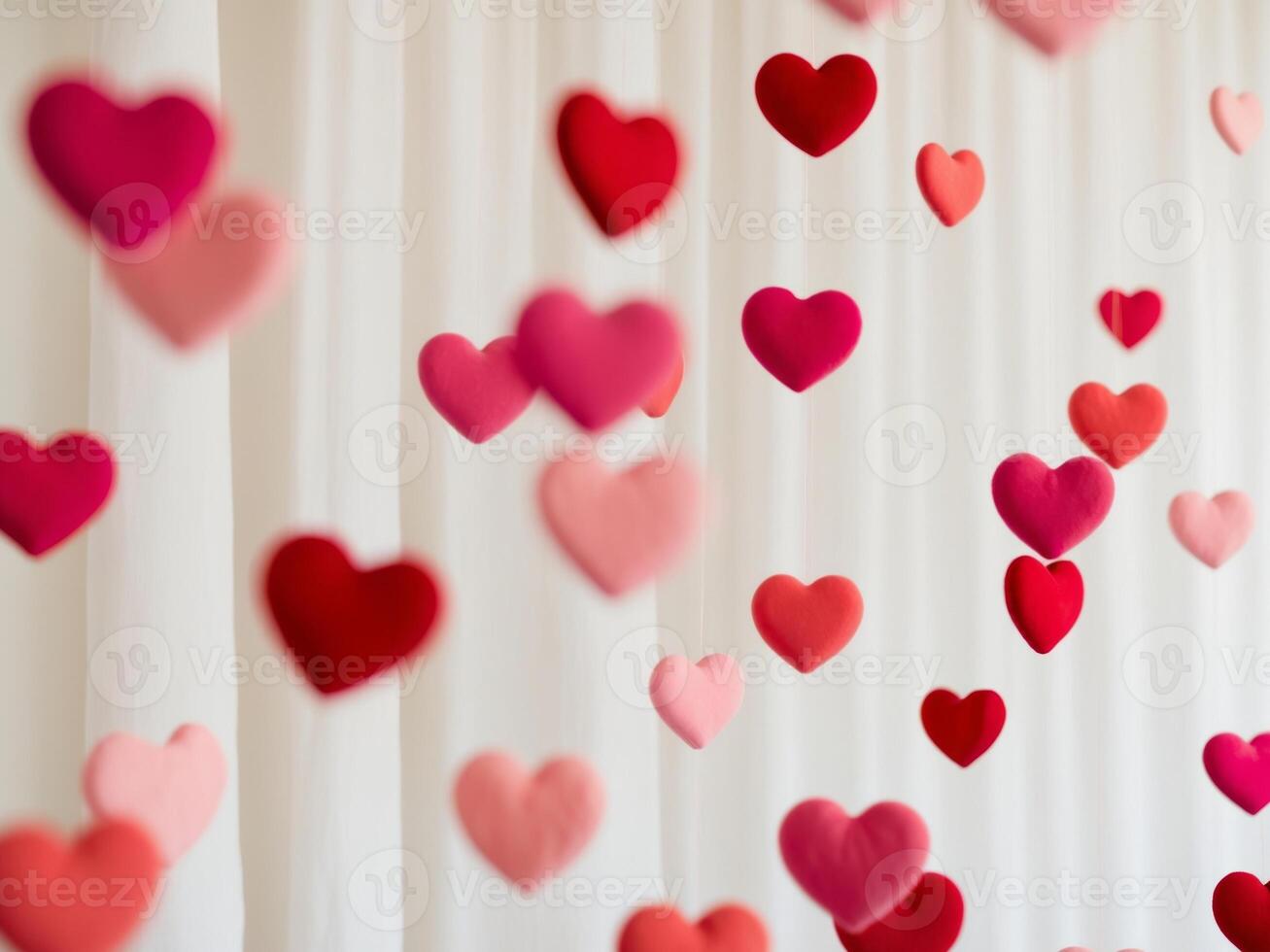 A bunch of red and pink hearts are hanging from a curtain photo