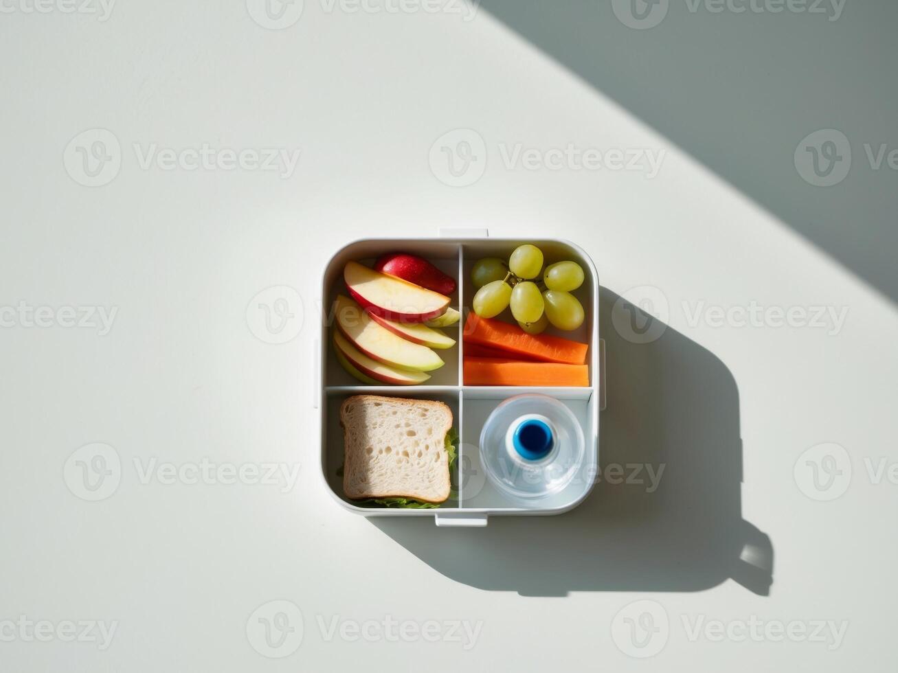 A lunch box with a sandwich, fruit, and vegetables photo