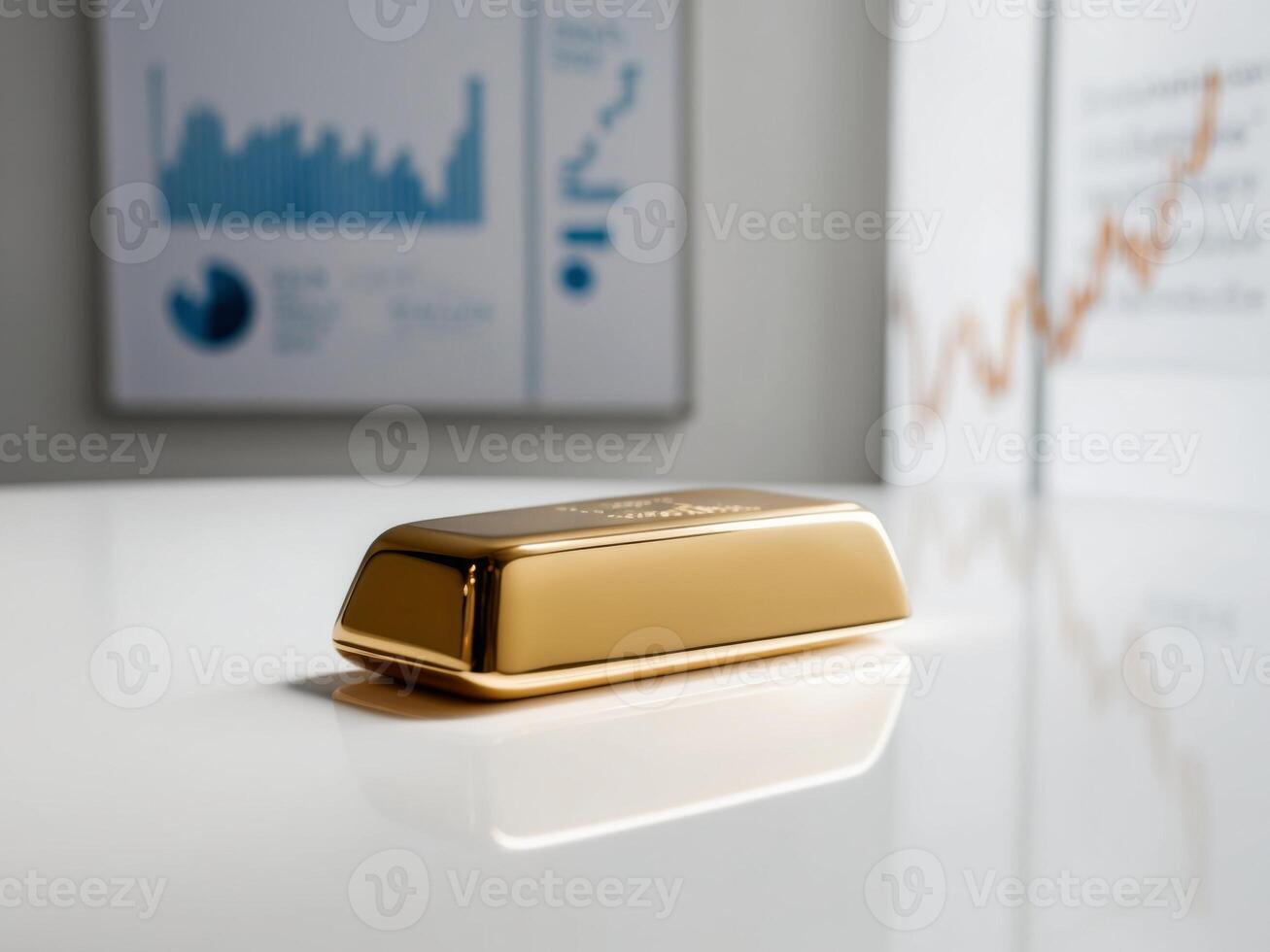 A gold bar sitting on a table in front of a chart photo