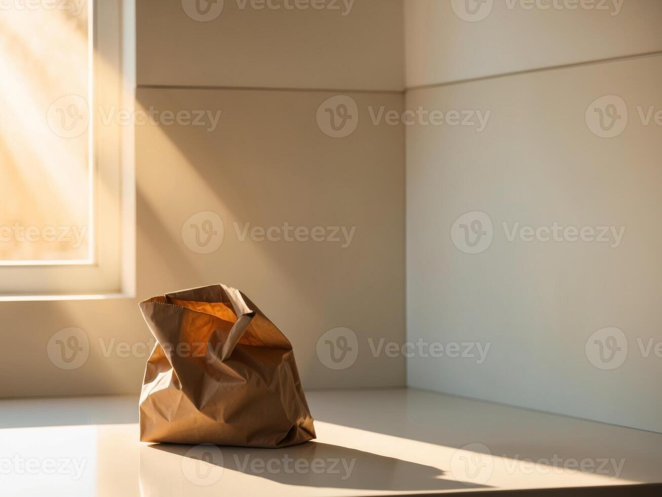 A brown paper bag sitting on a table in front of a window photo
