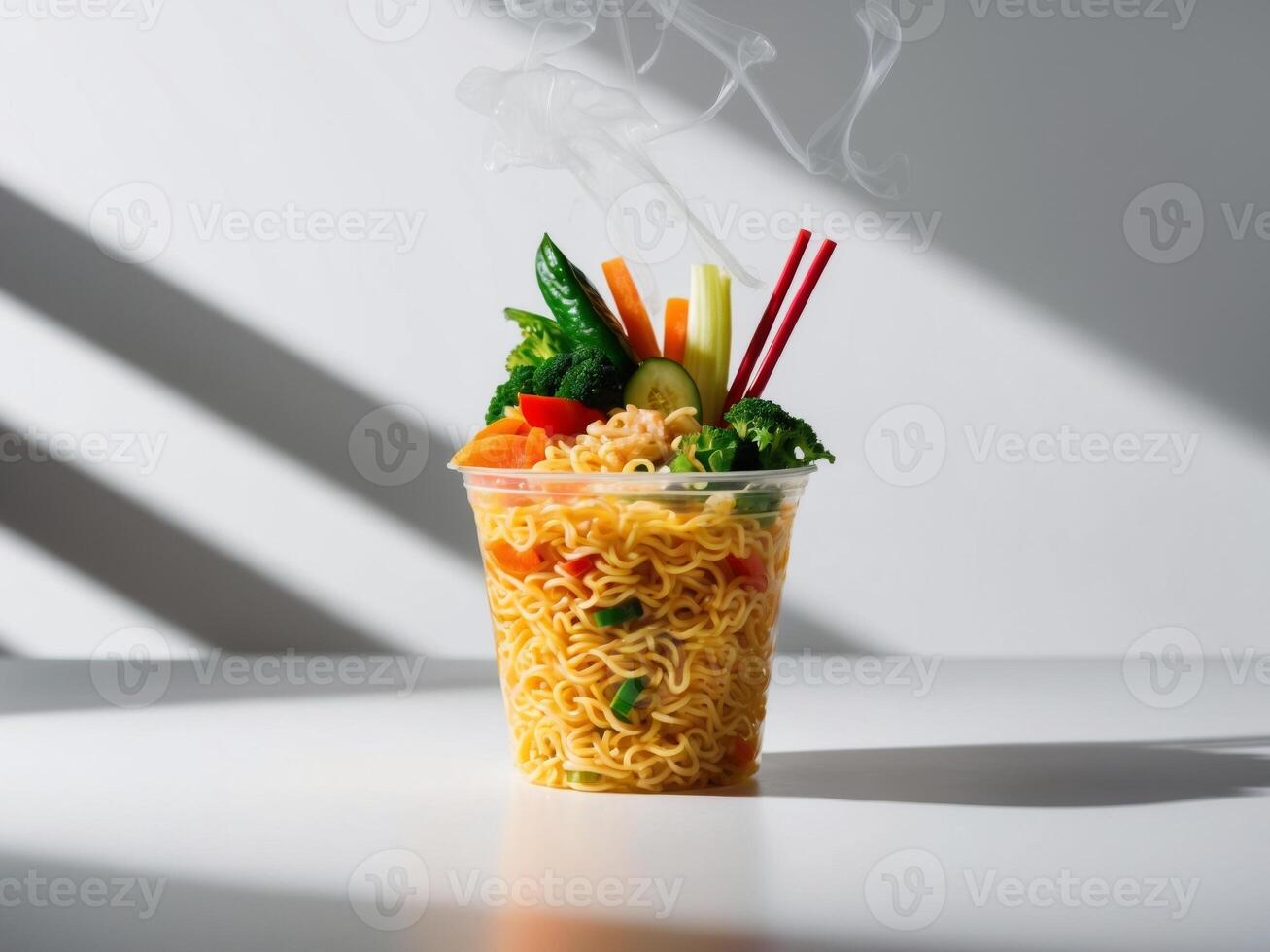 A bowl of noodles with vegetables and chopsticks photo