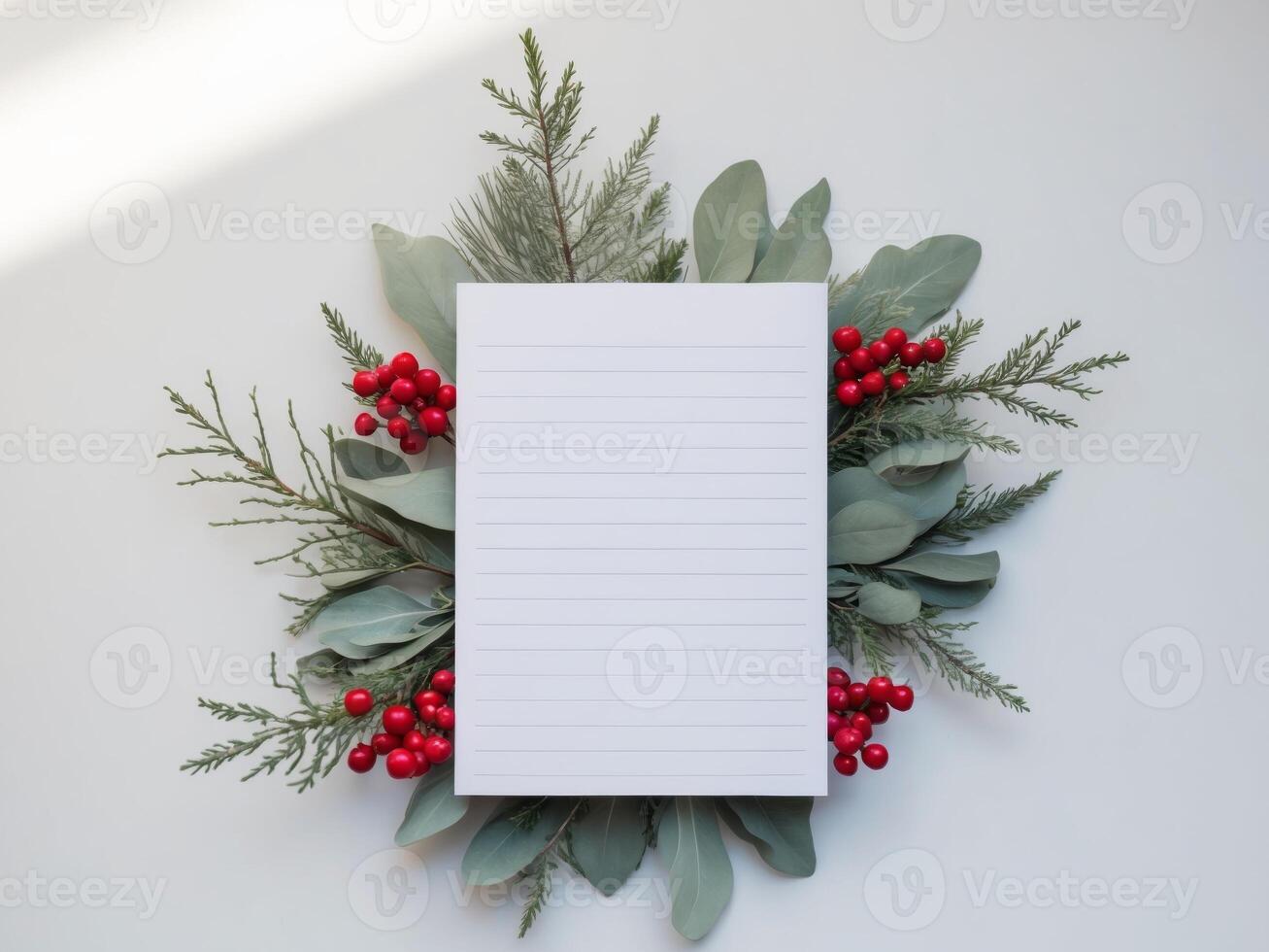 Blank paper with red berries and eucalyptus leaves on white background photo