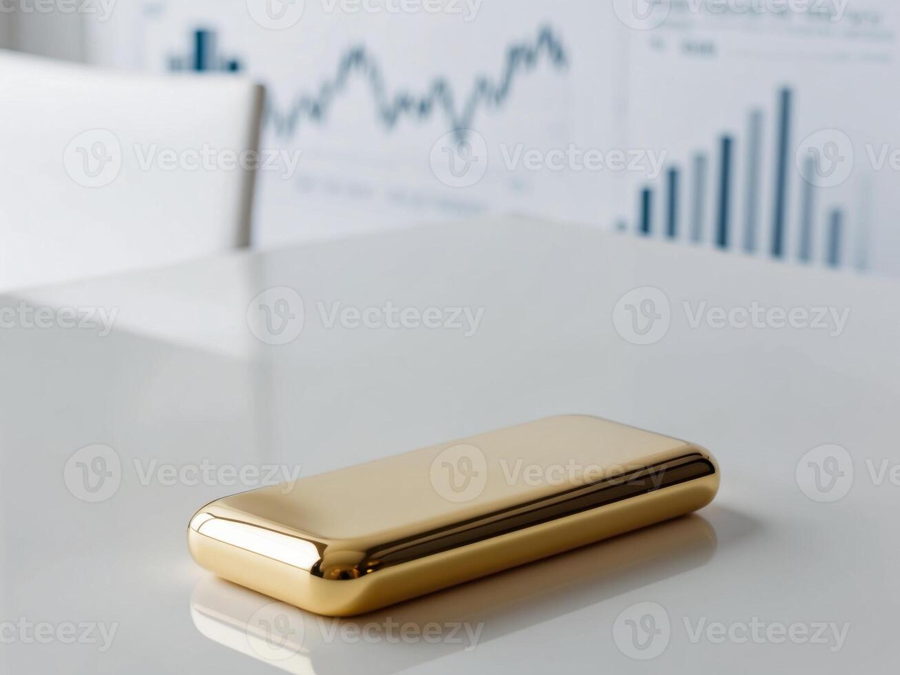 A gold bar sitting on a table in front of a chart photo
