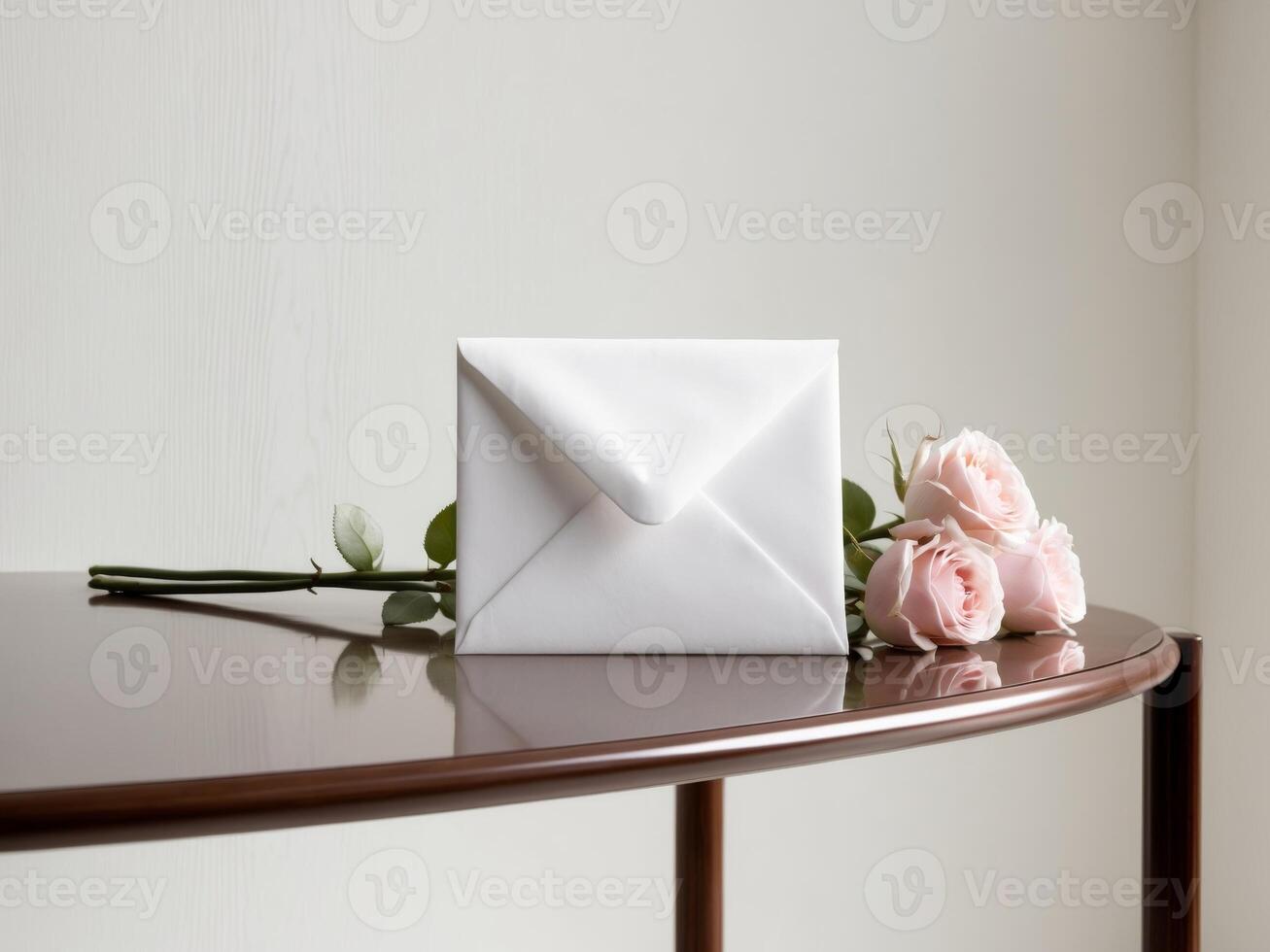 A white envelope sitting on a table with roses photo