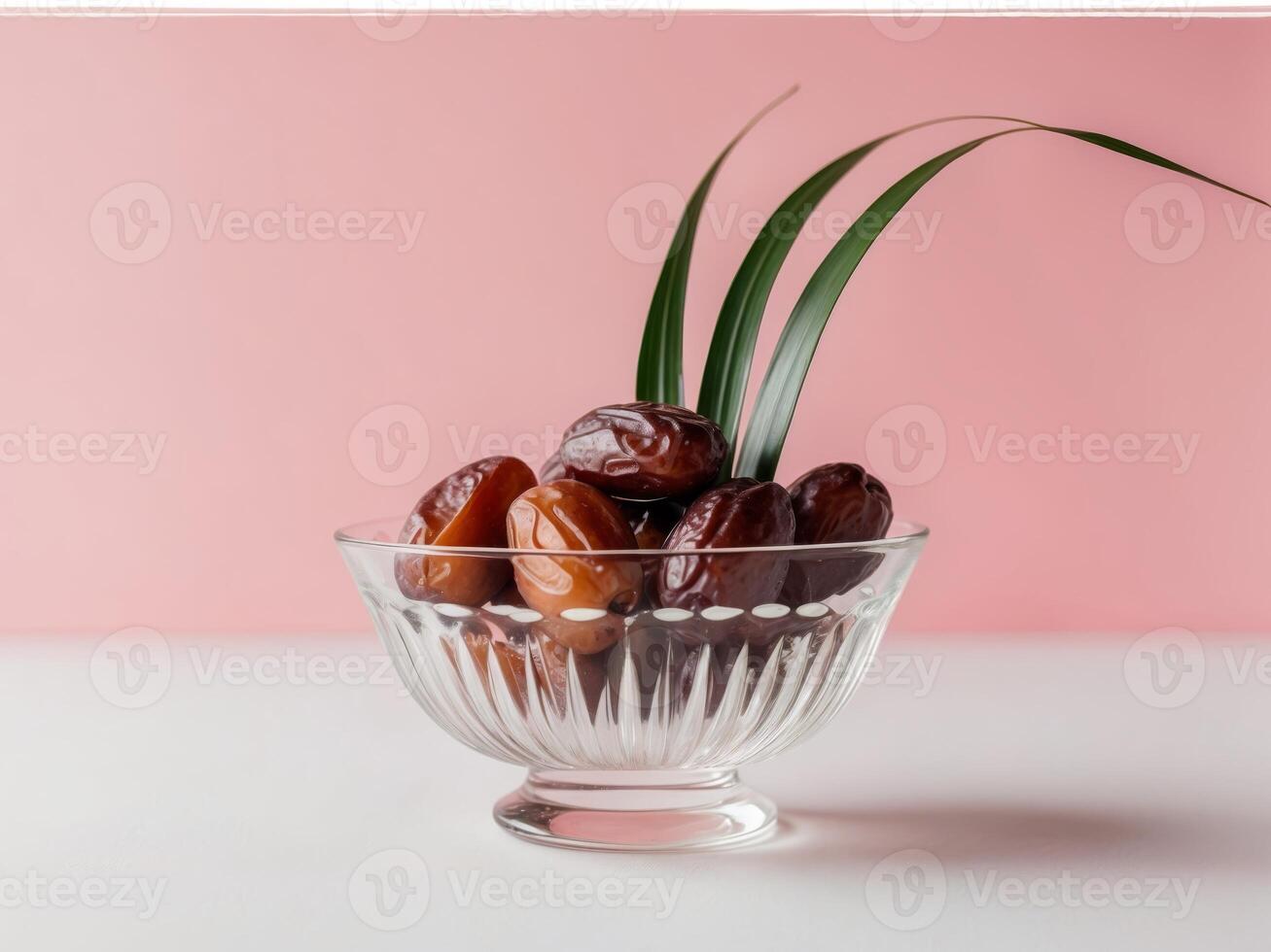 Dates in a glass bowl on a pink background photo