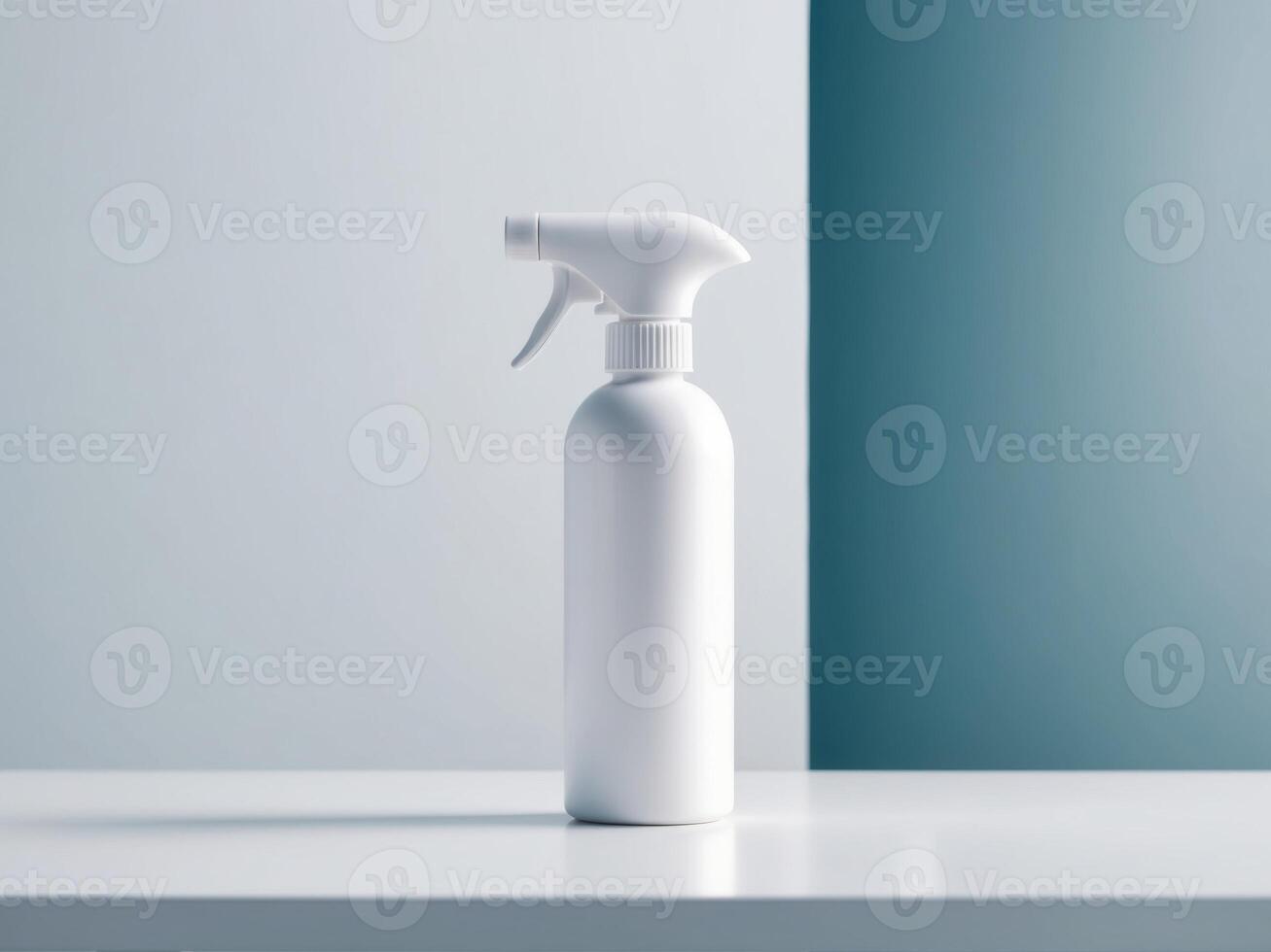 A white spray bottle on a table with blue wall photo