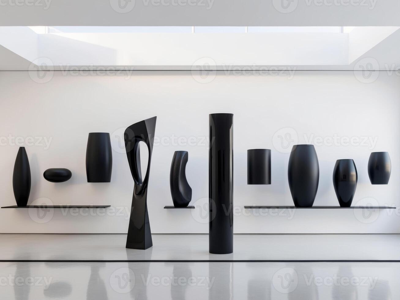 A large group of black sculptures in a white room photo