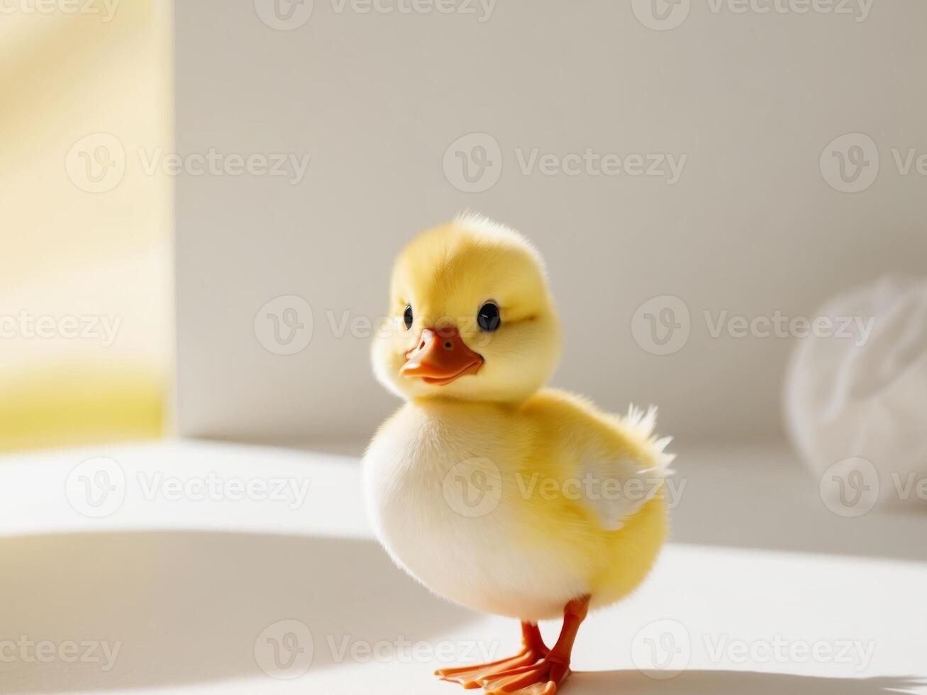A small yellow duck standing on a white surface photo