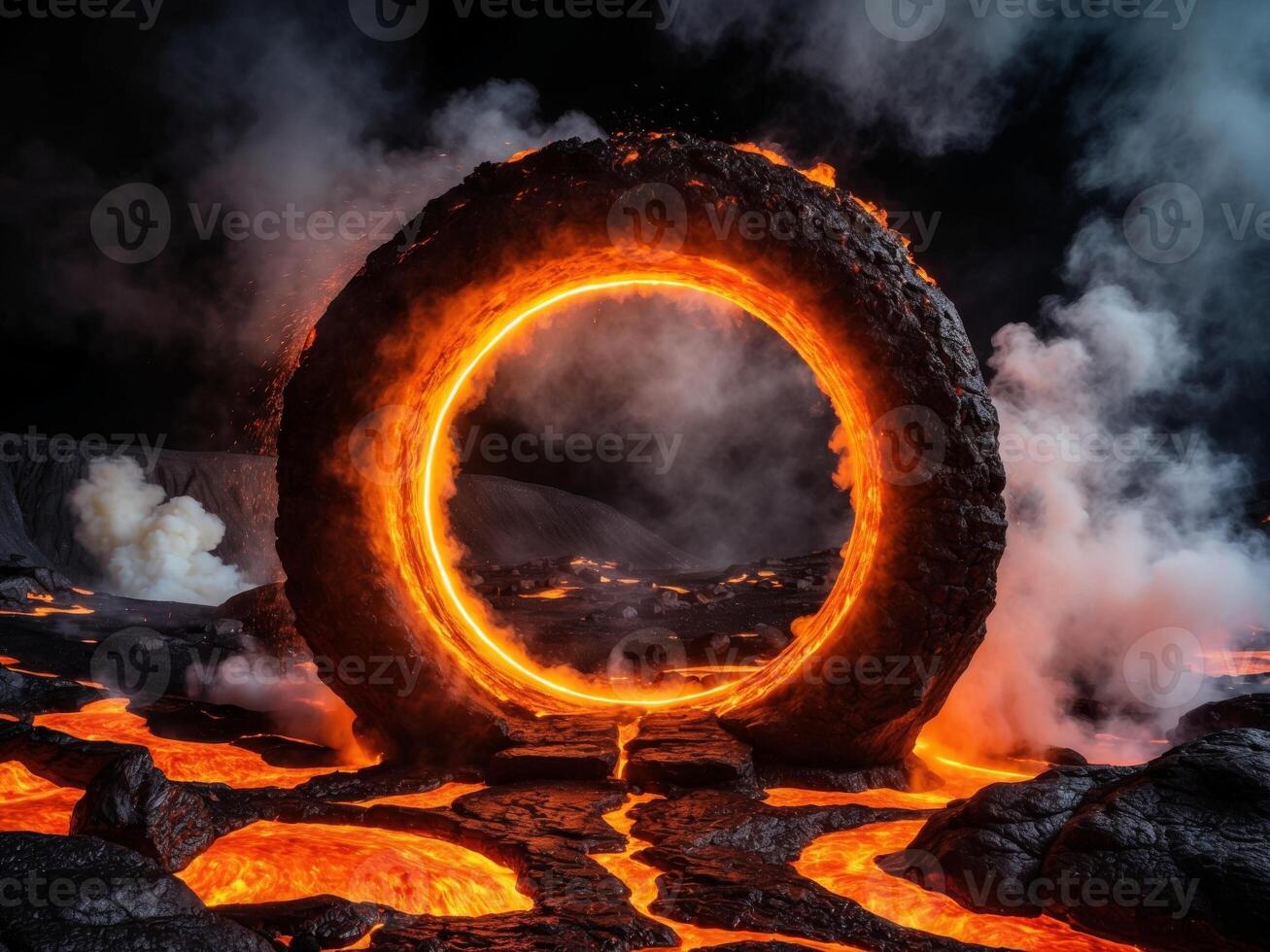 A large ring of lava is surrounded by smoke photo