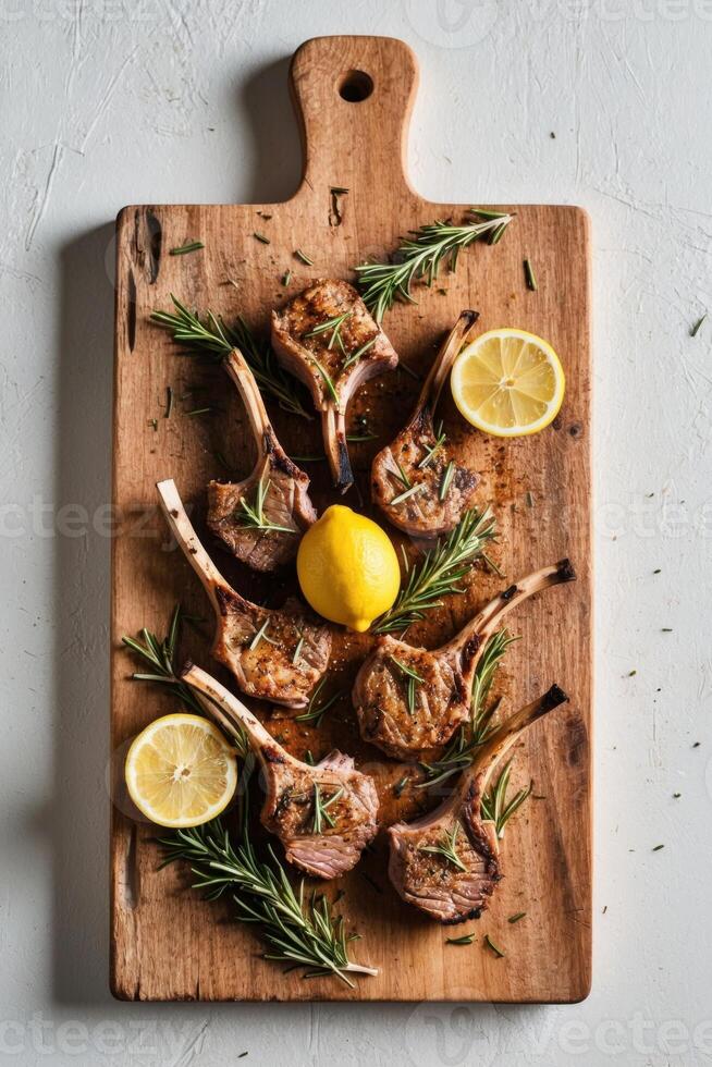 Grilled lamb chops with lemon and rosemary on a wooden cutting board photo