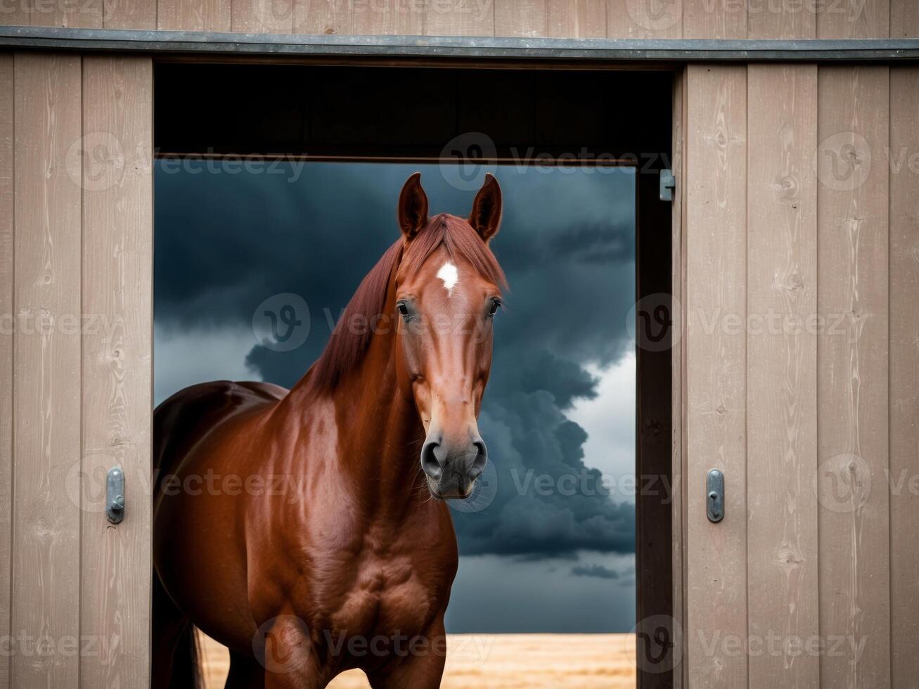 A horse standing in a barn doorway photo
