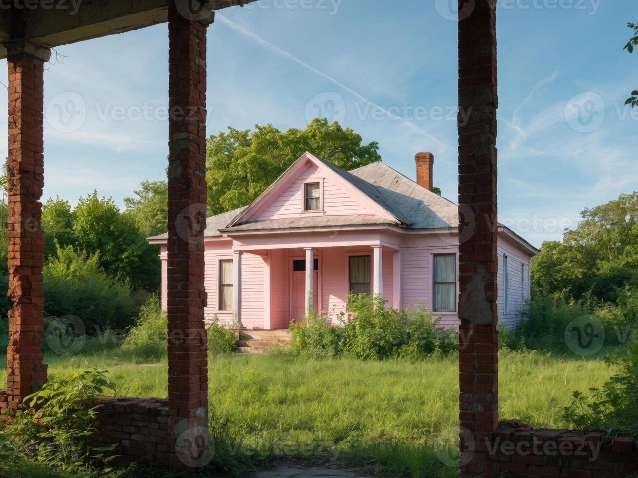 An abandoned pink house sits in the middle of a field photo