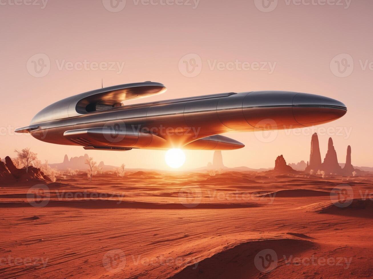 A futuristic spaceship flying over a desert photo