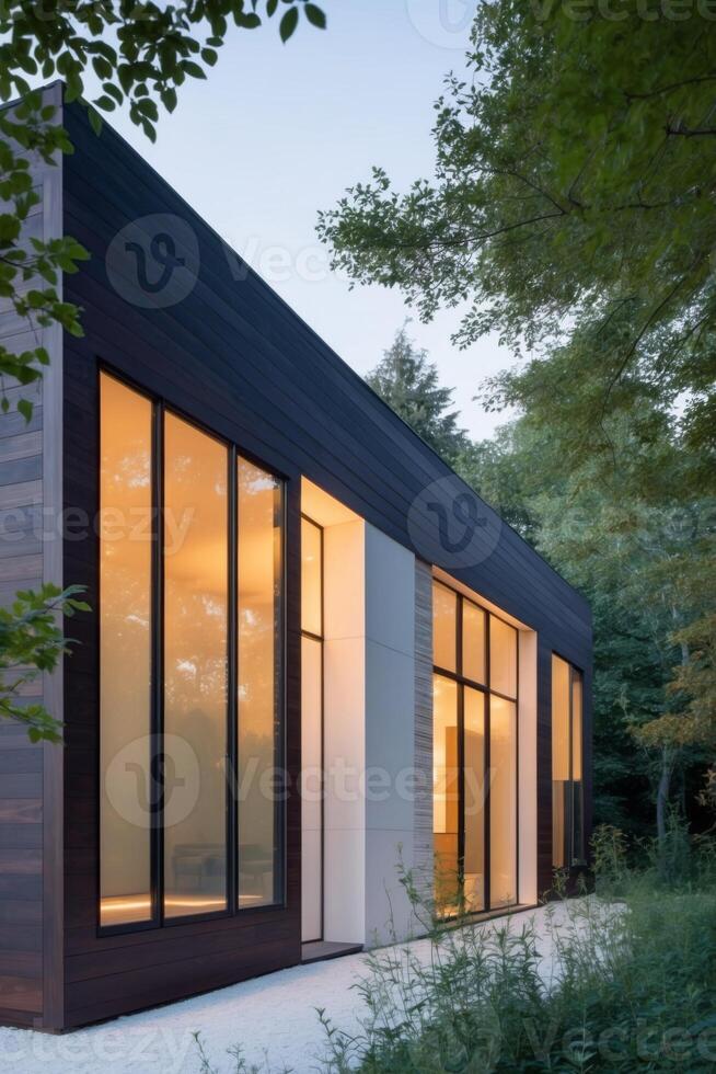 The modern house is surrounded by trees photo