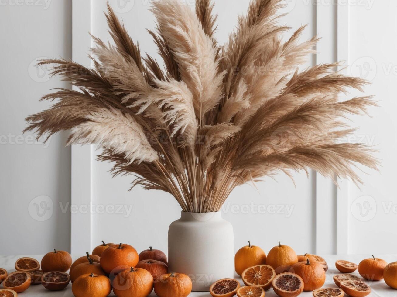 A vase filled with dried pampas grasses and oranges photo