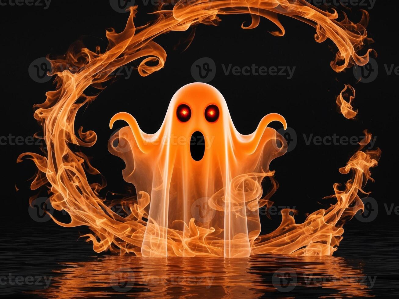 A ghost with glowing eyes and fire around it photo