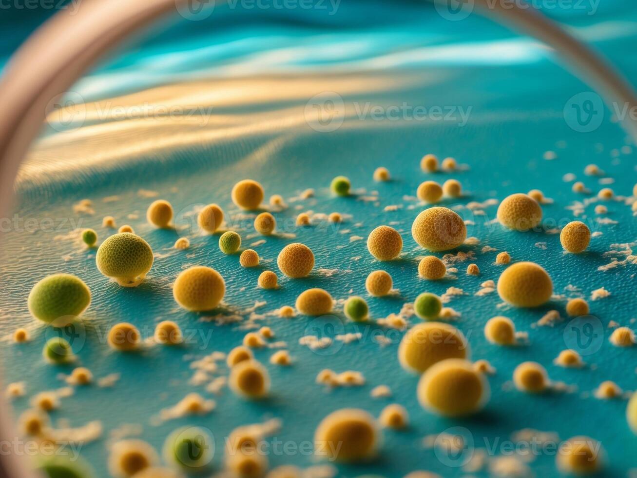 A magnifying glass is looking at a group of yellow and green balls photo