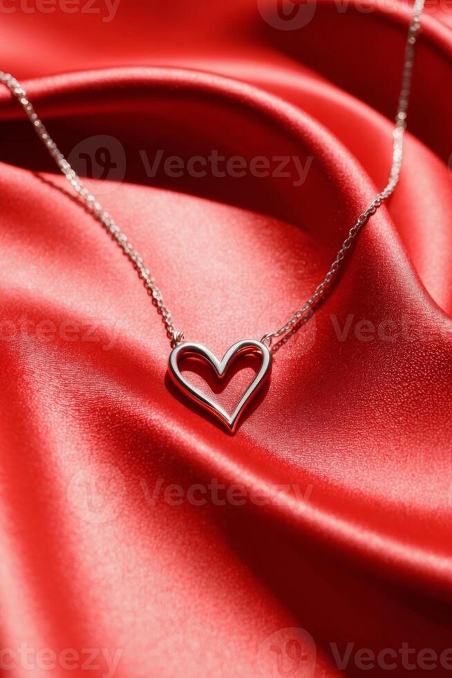 A heart shaped necklace on a red satin cloth photo