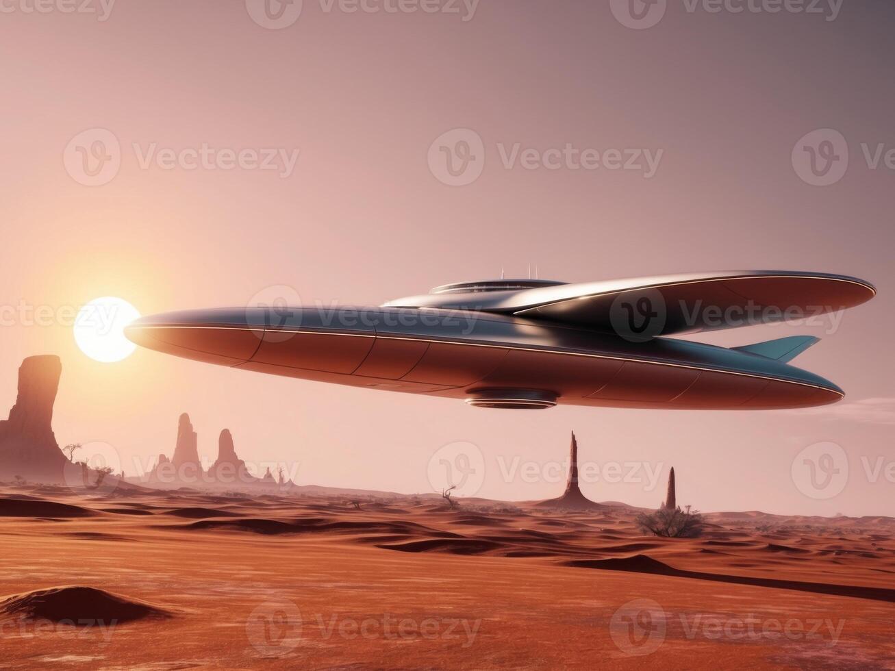 An alien spaceship flying over a desert landscape photo