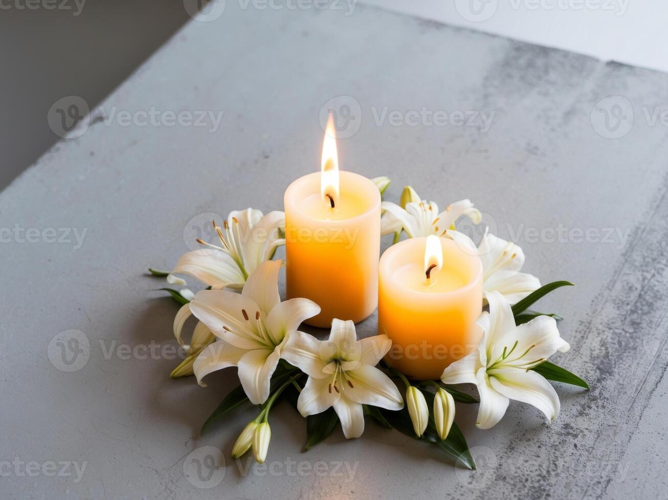 Two candles are placed on a table with white flowers photo