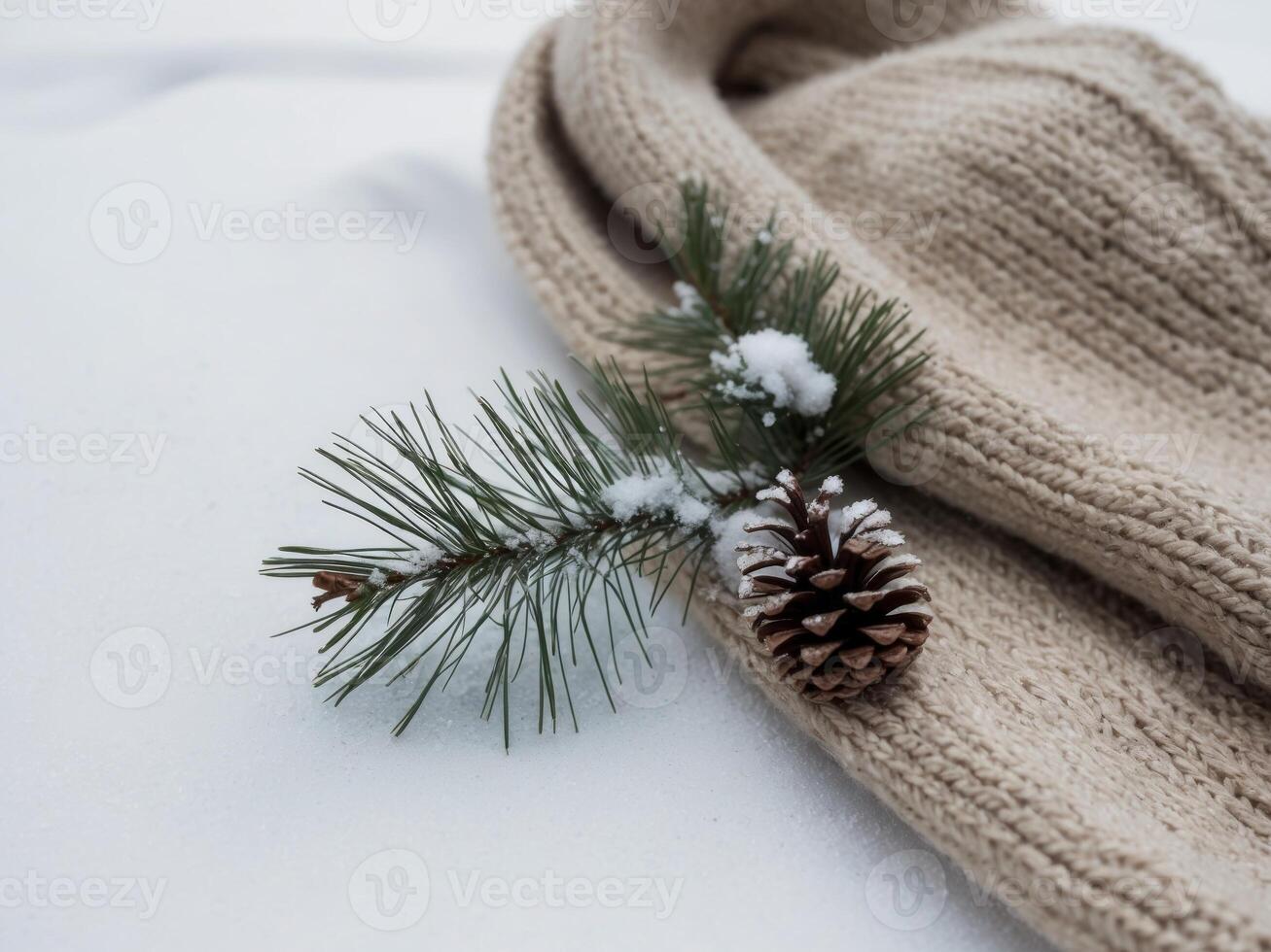 A knitted hat and a pine cone on a snowy ground photo