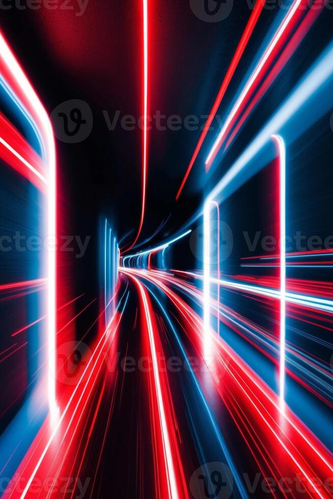 A red and blue light trail is seen in a tunnel photo