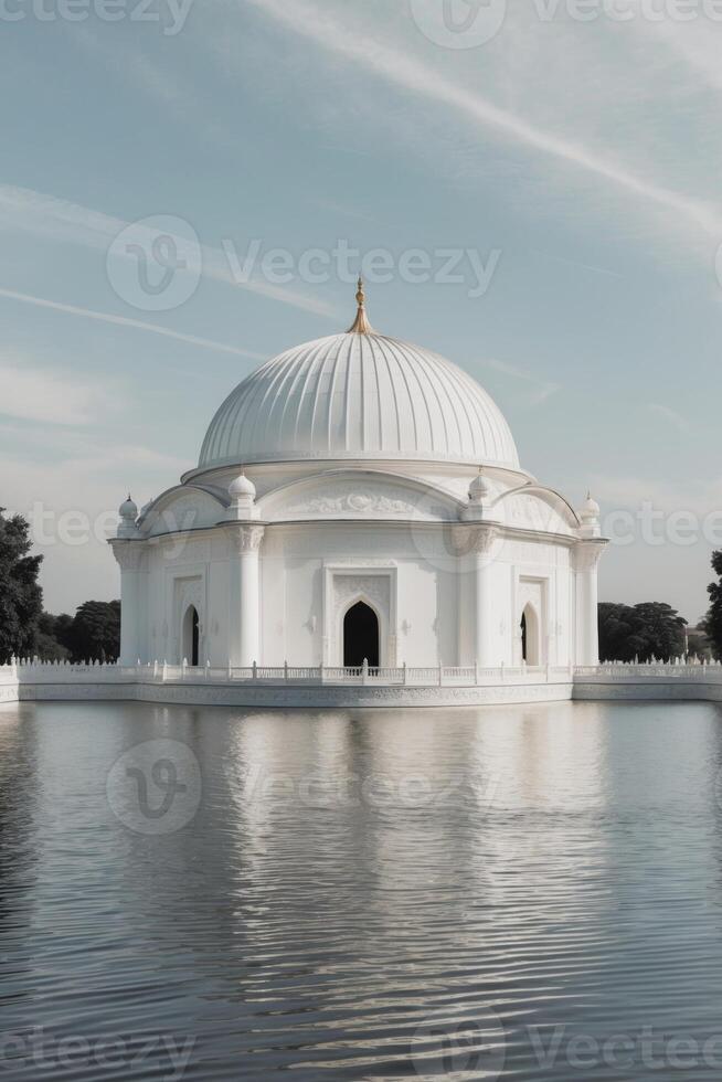 A white dome sits on top of a body of water photo