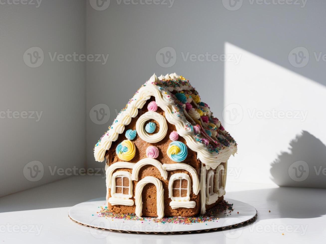 A gingerbread house with a lot of icing and sprinkles photo