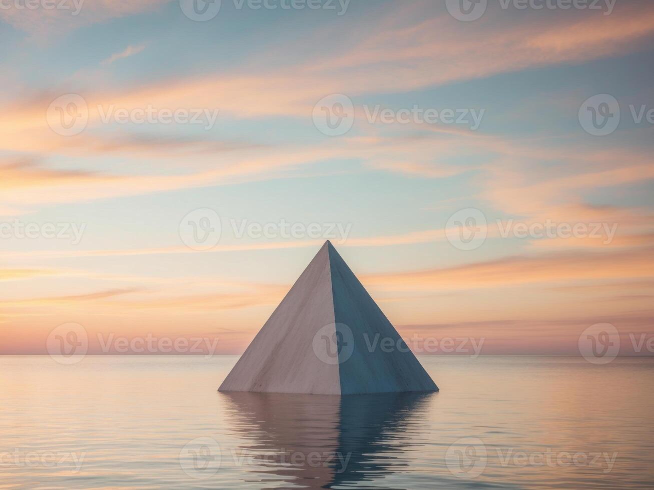 A pyramid floating in the ocean at sunset photo