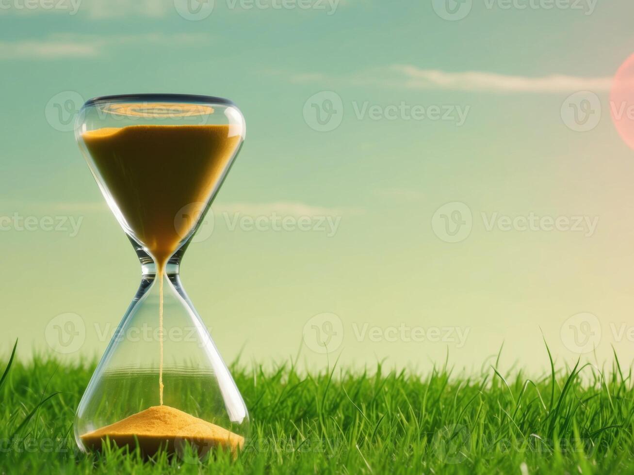 An hourglass is sitting on the grass in front of a sun photo