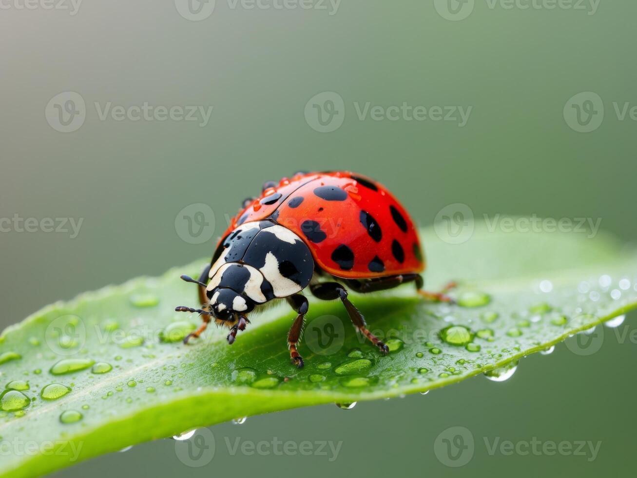 A ladybug is sitting on a green leaf with water droplets photo
