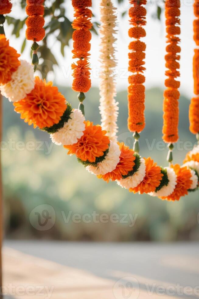 An orange and white garland hanging from a tree photo
