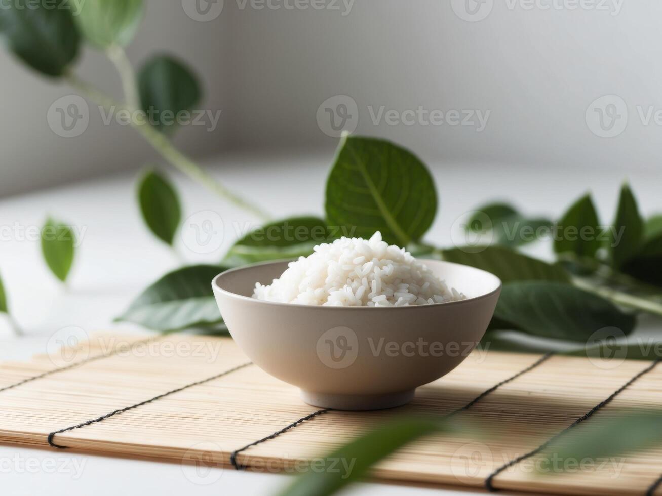 A bowl of rice is placed on a wooden tray with leaves photo