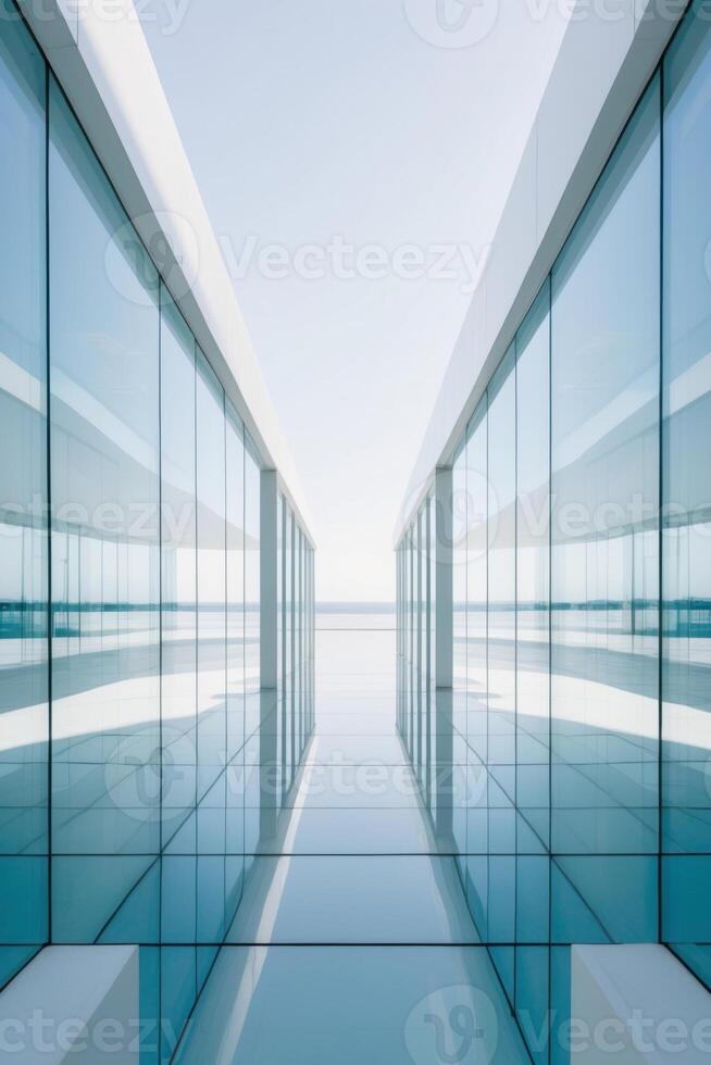 A long hallway with glass walls and a blue sky photo