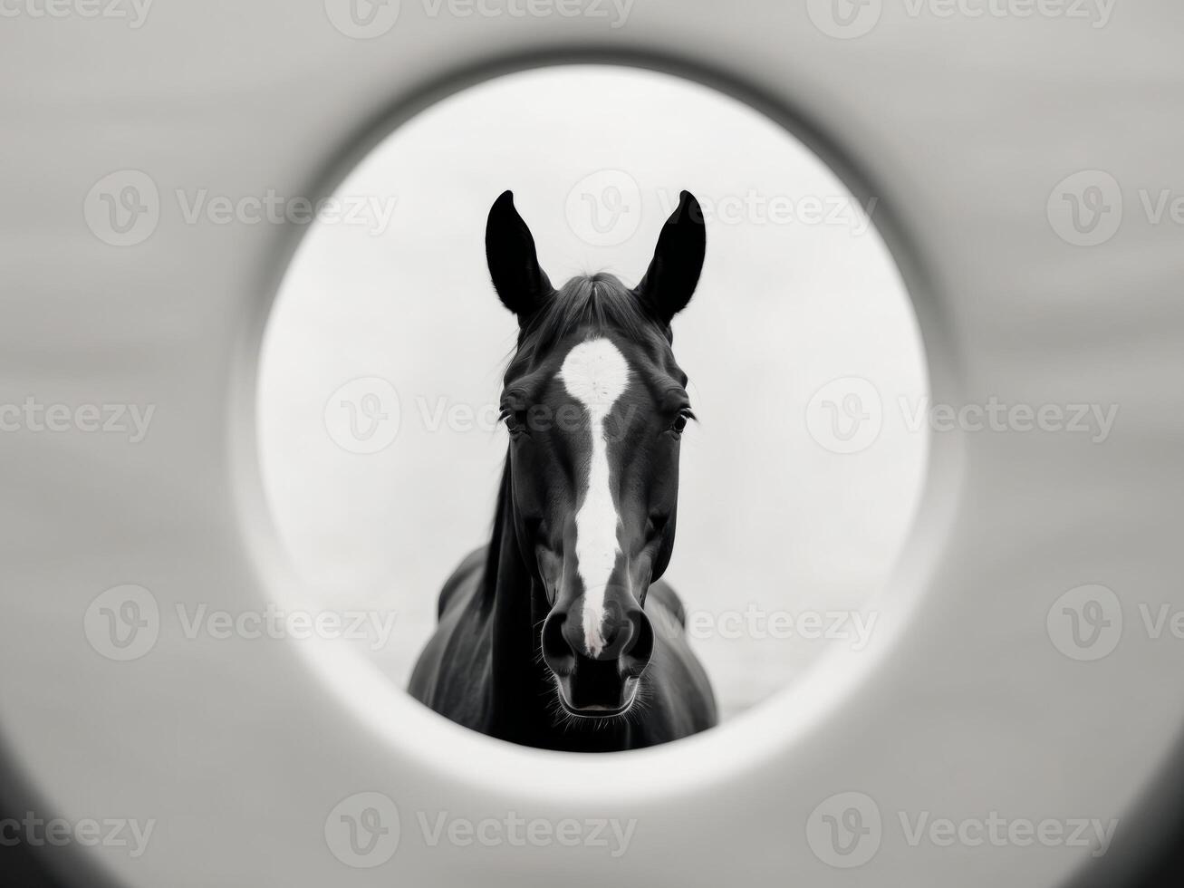 A horse is looking out of a circular window photo