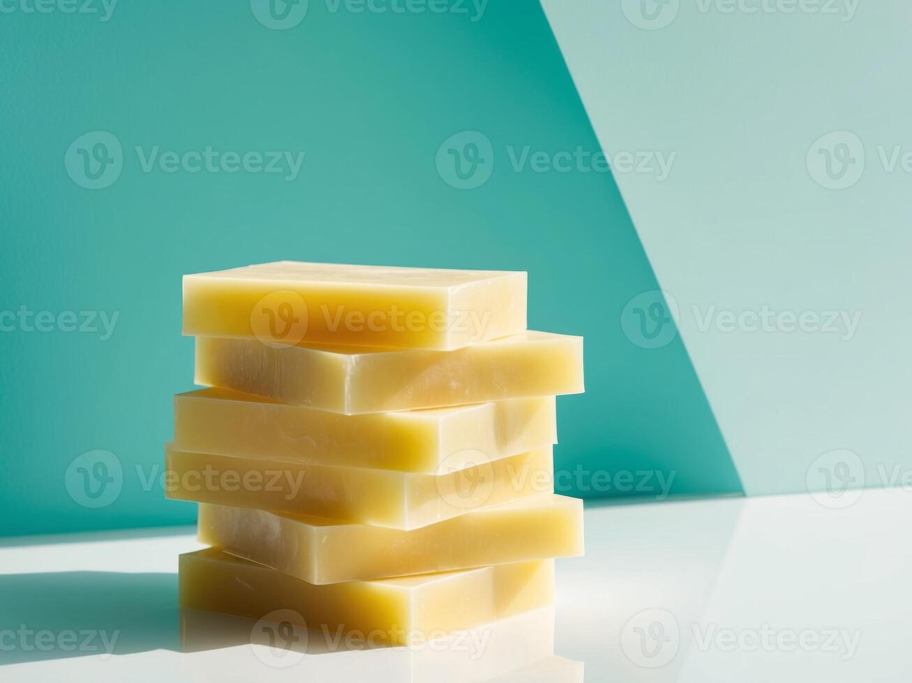 A stack of soap bars on a blue background photo
