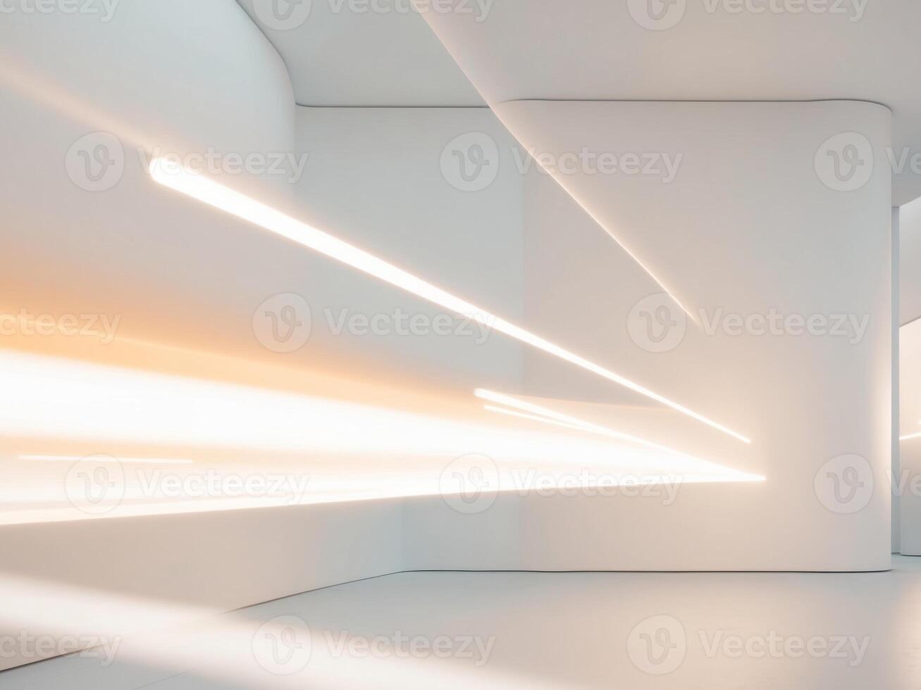 A white room with light trails and a wall photo