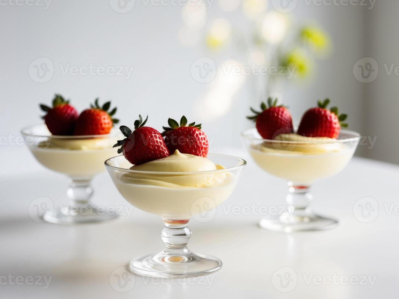 Three dessert bowls with strawberries on top photo