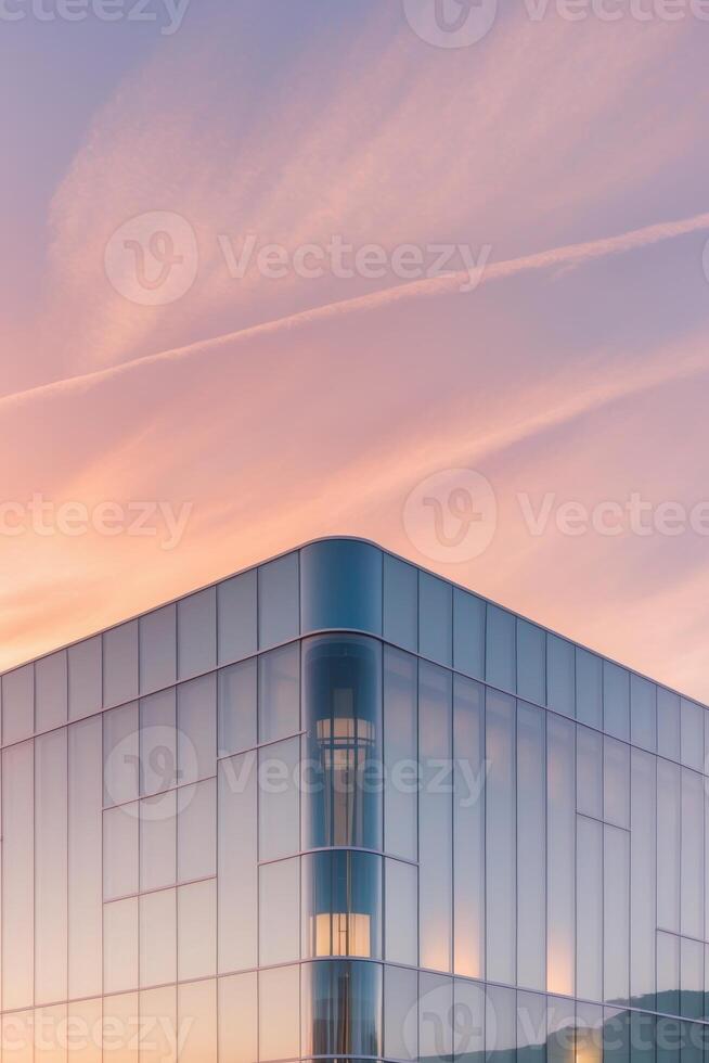 A building with a large glass facade at sunset photo