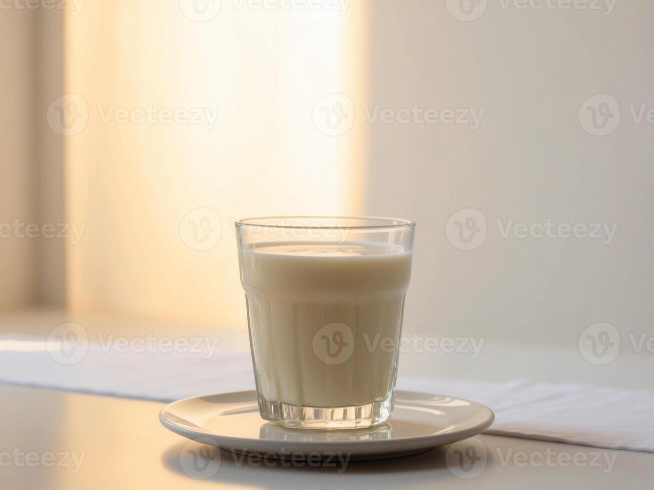 A glass of milk sits on a saucer on a table photo