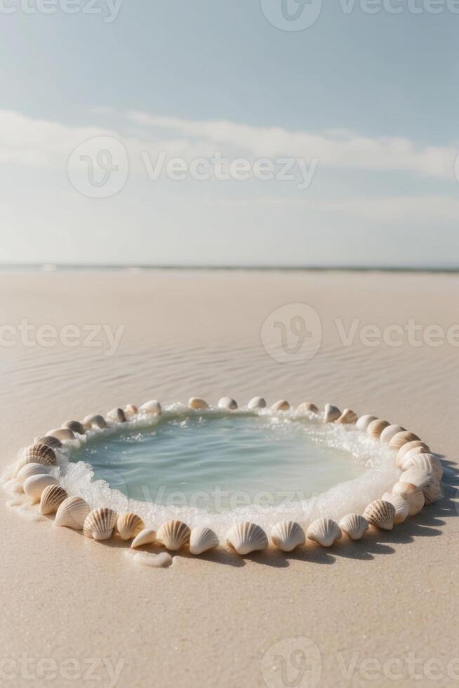 A circular pool of water surrounded by shells on a beach photo