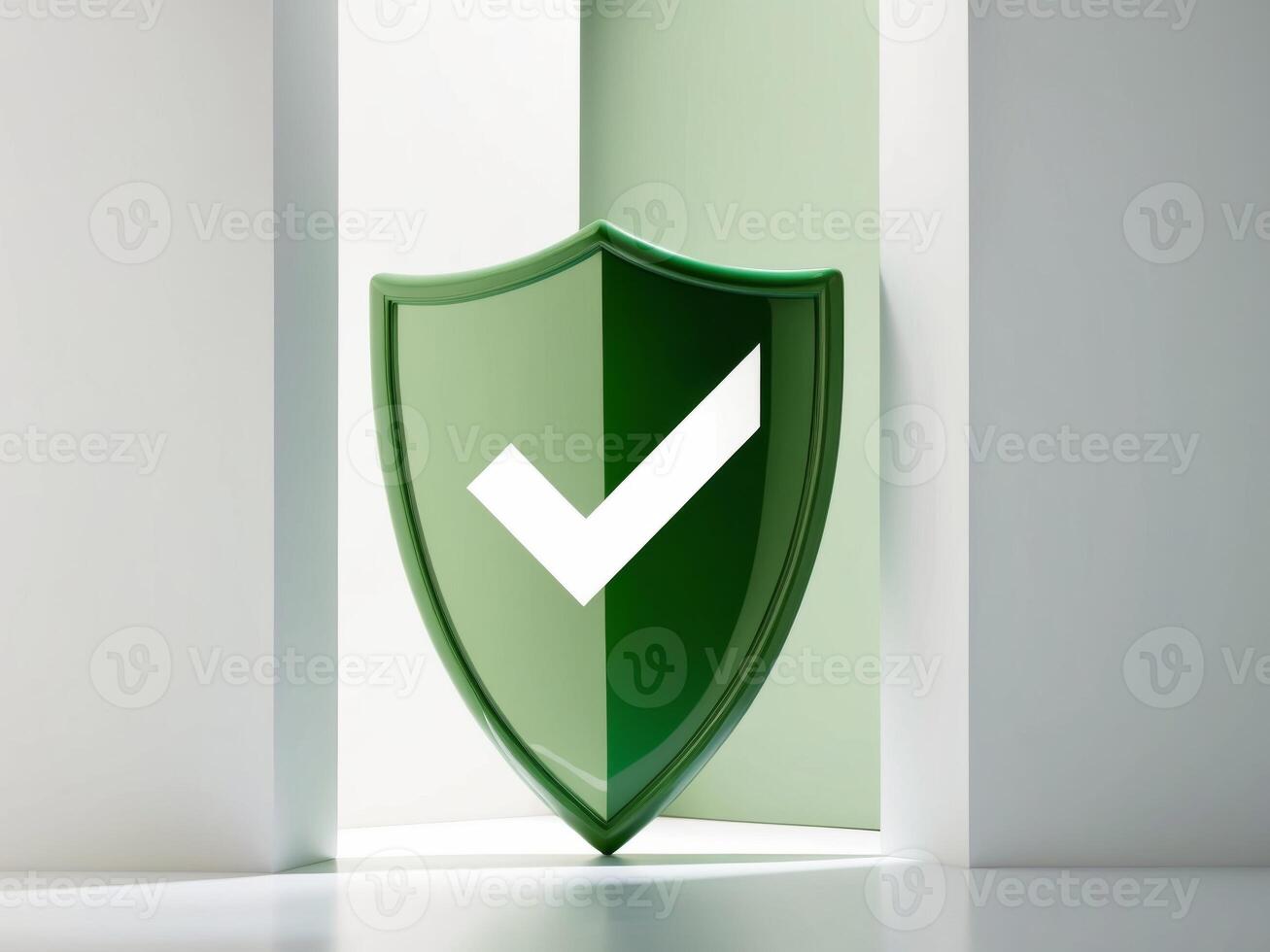 A green shield with a check mark on it photo