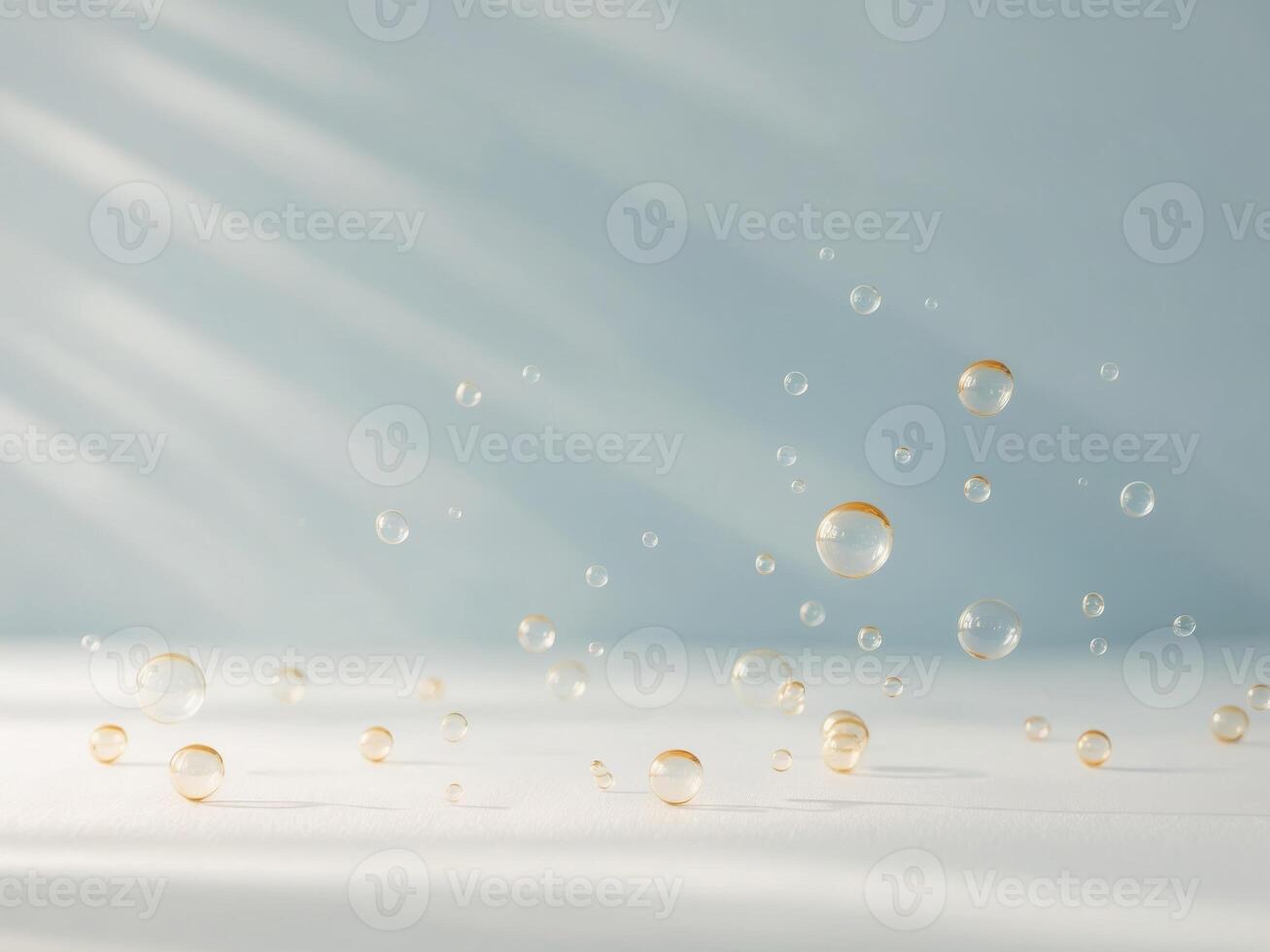 A white table with many bubbles floating in the air photo
