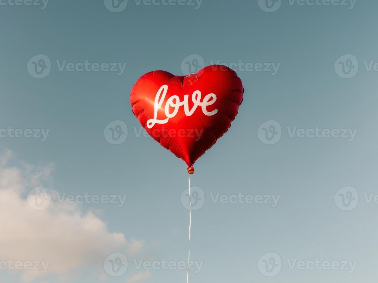 Red heart shaped balloon with the word love in the sky photo