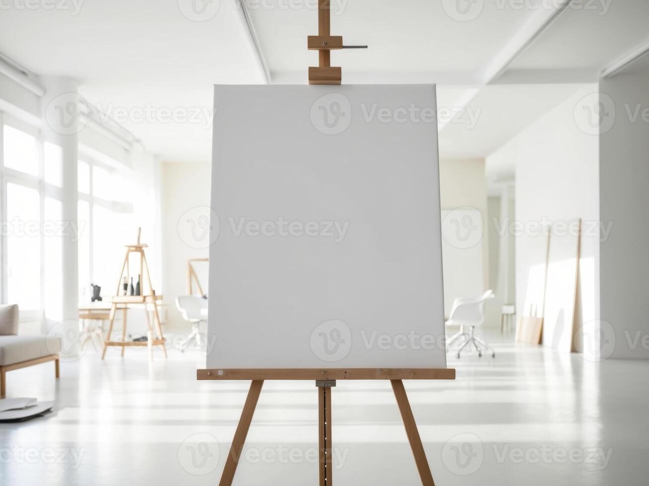 An easel with a blank canvas in an empty room photo