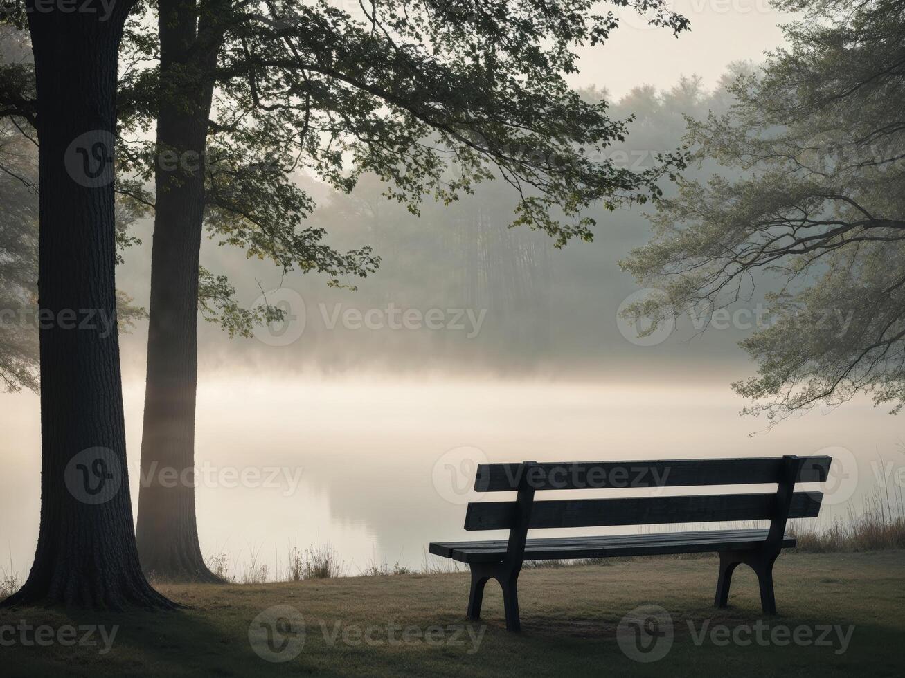 A bench sitting in front of a lake photo